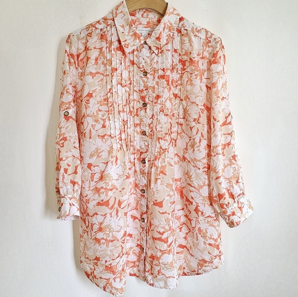 Charter Club 100% Linen Orange & White Floral Button Down Blouse - Picture 9 of 16